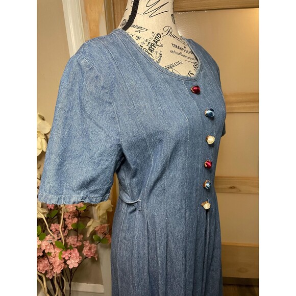 Alexandra Lee Denim Vintage Dress Rosette Embellished Pleated Barn Style - Picture 5 of 10